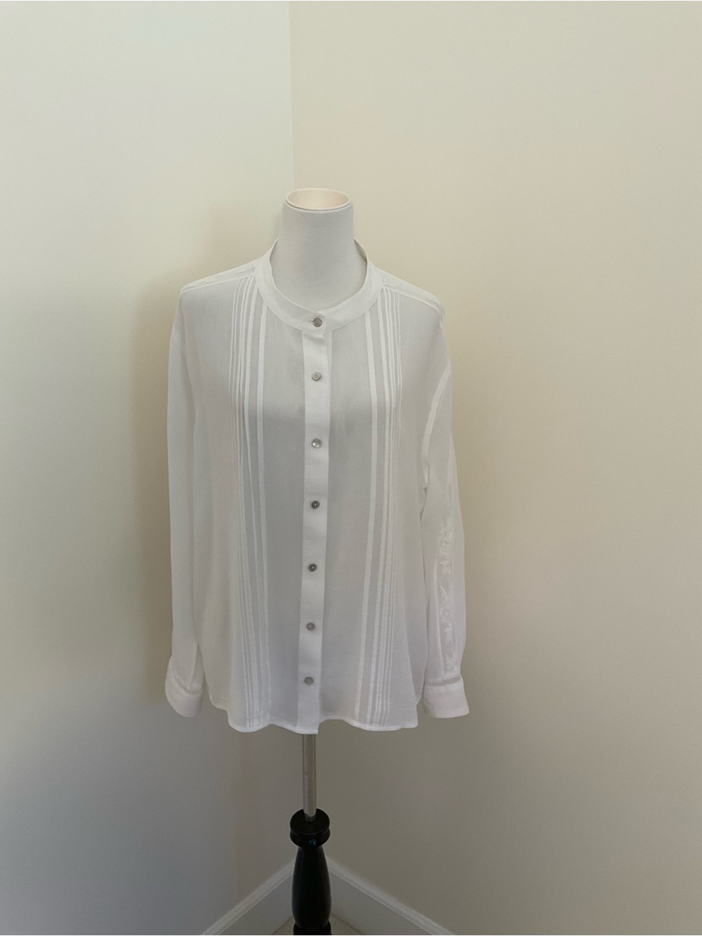 Auguste Delicate Sheer Lace-Panel Long Sleeve White Tunic Blouse